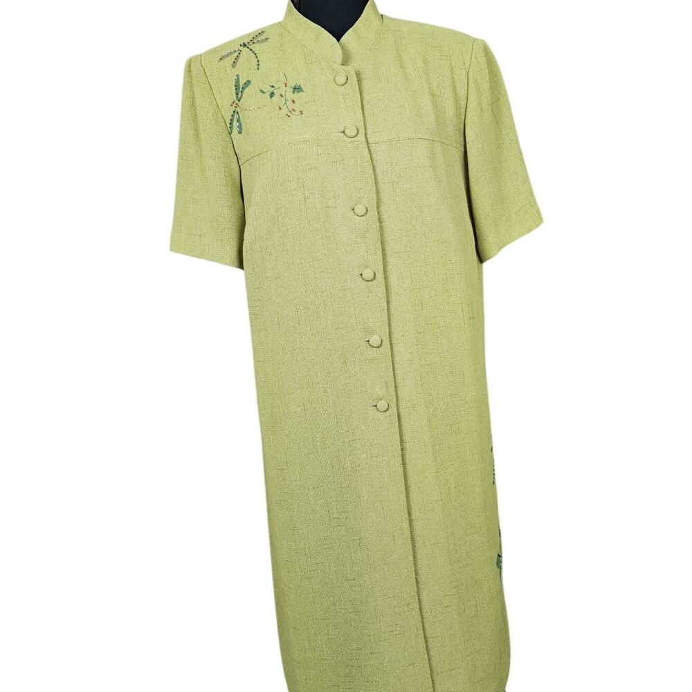 Whimsical Vtg 90s Beaded Dragonfly Caftan Tunic 16W Green Longline Art To Wear